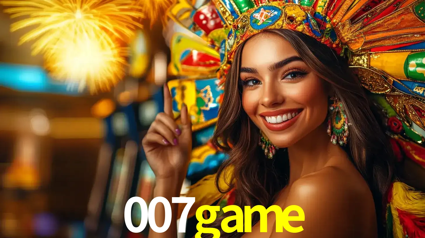 Mulher sorridente com um cocar de carnaval vibrante e colorido, celebrando uma grande vitória nos jogos do cassino 007game com fogos de artifício ao fundo.