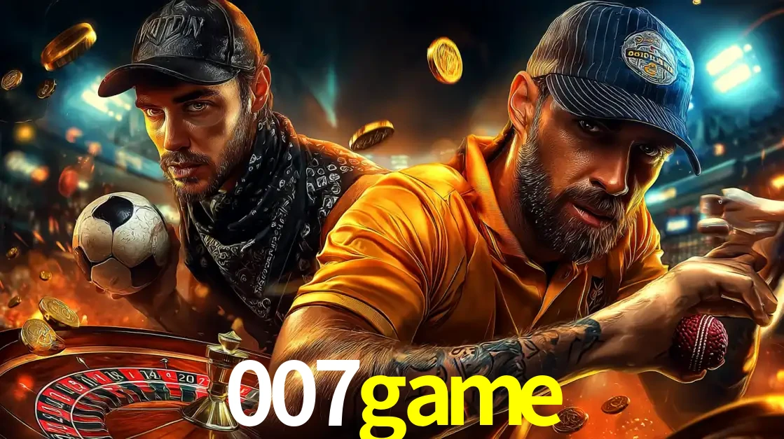 Montagem de apostas esportivas e cassino no 007game, com um homem segurando uma bola de futebol e outro uma de beisebol sobre uma roleta e moedas voadoras.