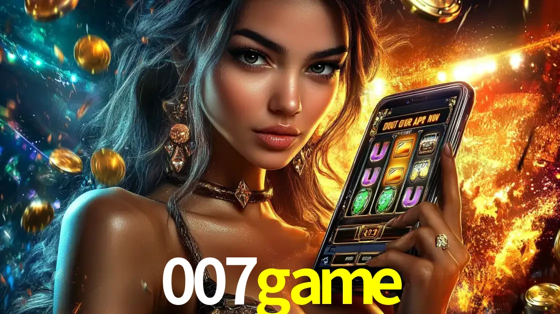 Mulher elegante mostrando um jogo de caça-níqueis em seu smartphone, destacando a experiência de cassino móvel oferecida pelo aplicativo 007game.